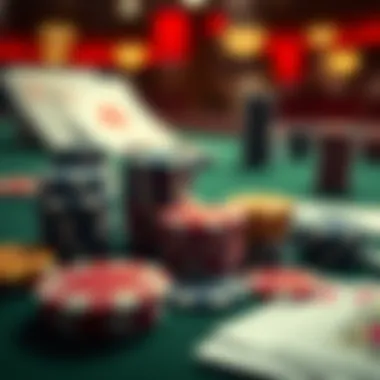 A collection of casino chips and playing cards on a table