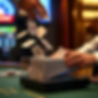 An automatic card shuffler in action, demonstrating its shuffling capabilities with cards flying.