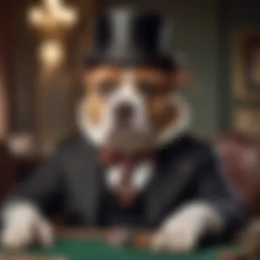 An artistic rendition of a dog wearing a monocle, holding a cigarette, reflecting a sophisticated gambling atmosphere.