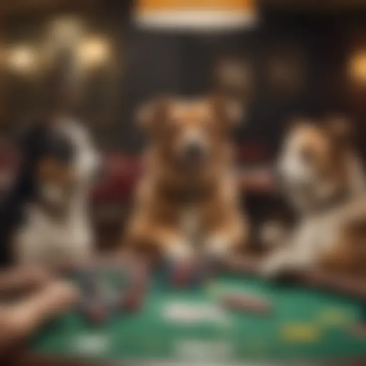 A vibrant depiction of dogs around a poker table, showcasing intense expressions and engaging in a serious game.