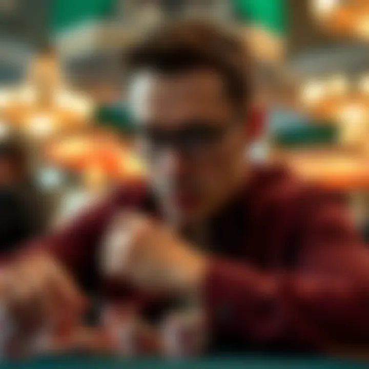 A focused view of a player contemplating their poker choices with chips in hand