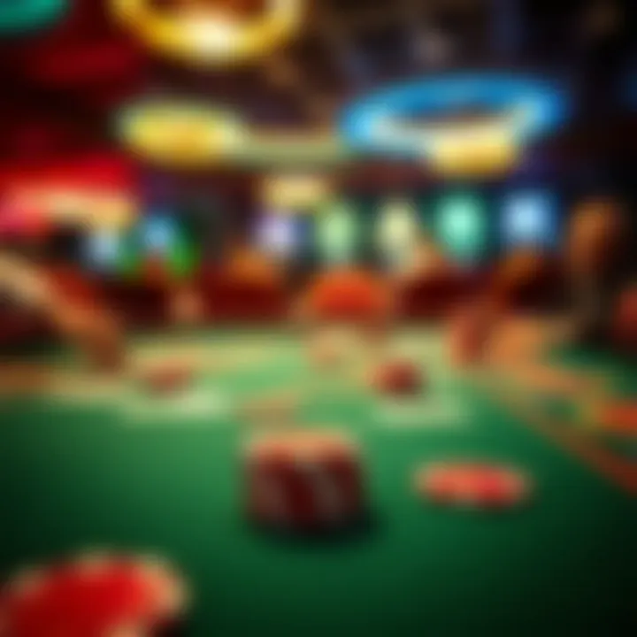 Close-up of a poker table with chips and cards