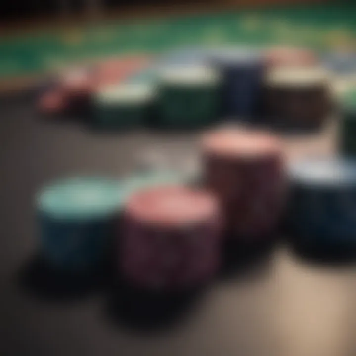 A close-up of poker chips and cards on a table