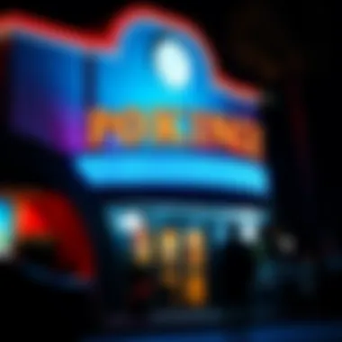 Exterior of a renowned poker establishment lit up at night in Los Angeles