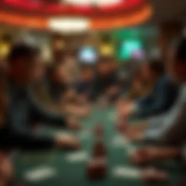Group of players strategizing around a poker table full of energy and focus