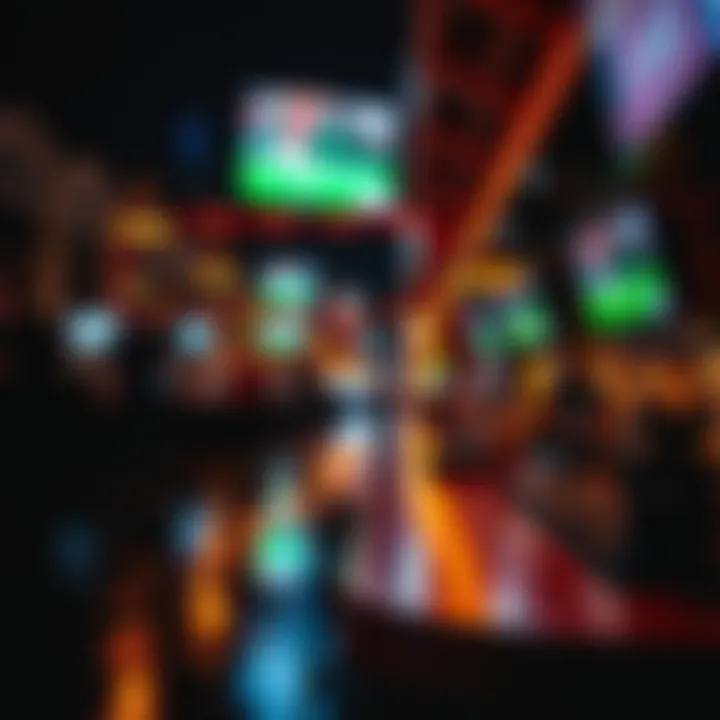 Nightlife along Riverwalk with illuminated bars and screens showcasing sports events