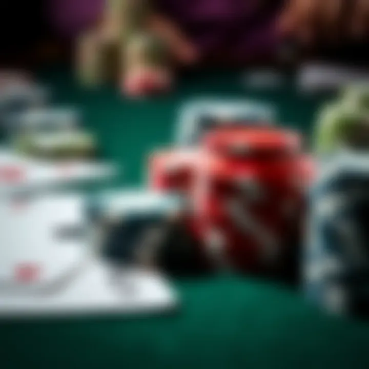 A close-up of poker chips and cards in play