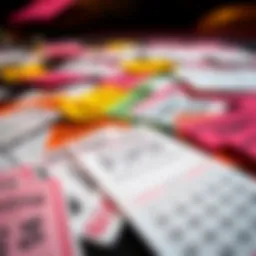 Colorful lottery tickets spread out on a table