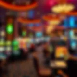 A vibrant casino floor filled with various gaming tables and slot machines.