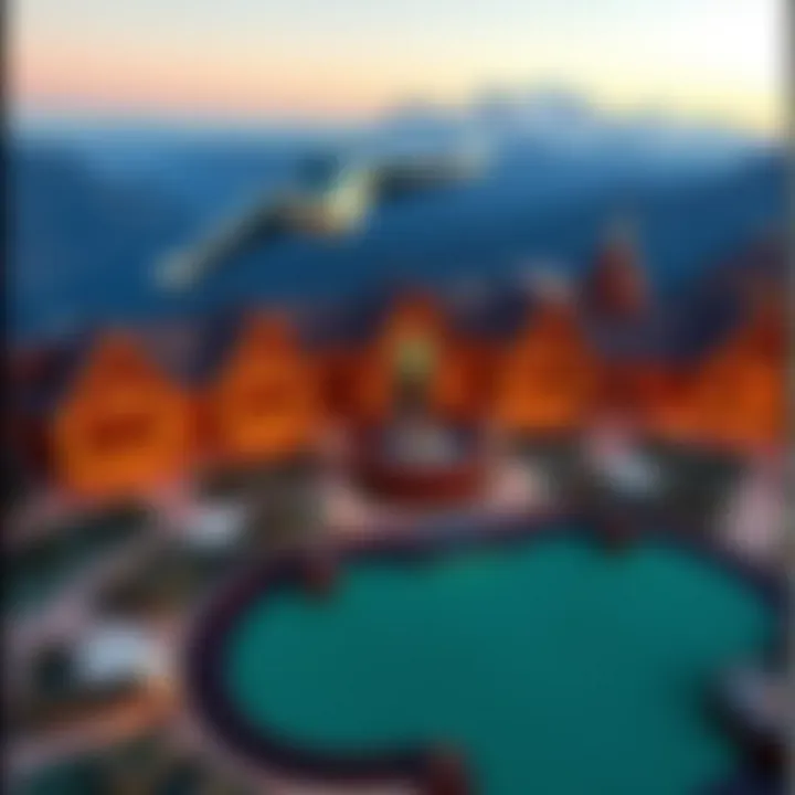 Aerial Perspective of Architectural Wonder Aerial view of the highest casino set against majestic mountains