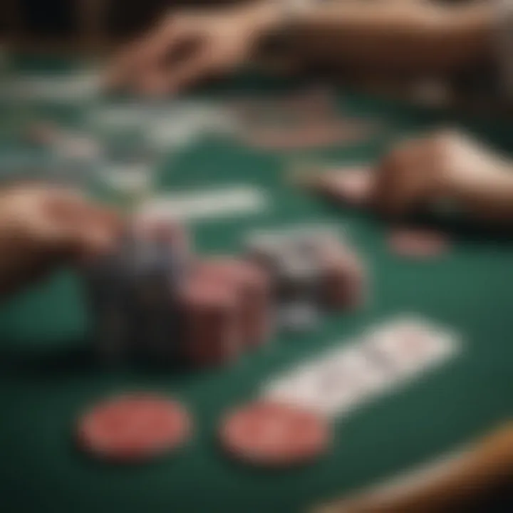 Close-up of poker chips and cards arranged strategically on a table