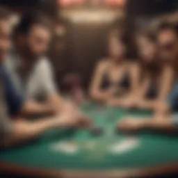 A vibrant poker table surrounded by enthusiastic players engaged in a game.