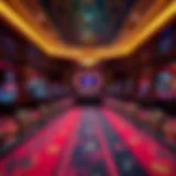 A panoramic view of a lavish casino interior showcasing gaming tables and vibrant decor