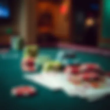 A close-up of colorful poker chips and playing cards on a felt table