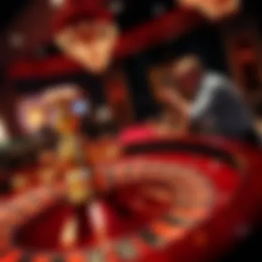 Spinning roulette wheel surrounded by eager players