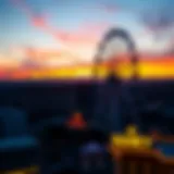 Aerial view of the High Roller Ferris Wheel against a sunset backdrop