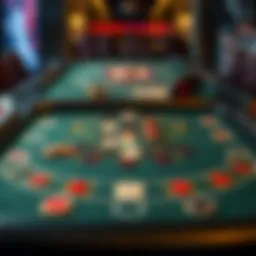 An intricate layout of a blackjack table showcasing betting areas and player positions.