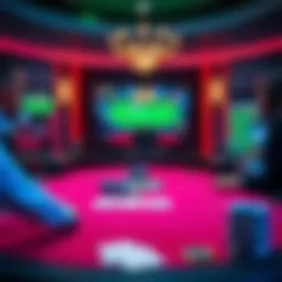 An overview of a virtual poker table displaying vibrant graphics and game dynamics.