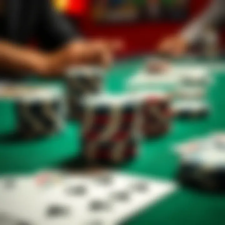Close-up of poker chips and cards on a green felt table