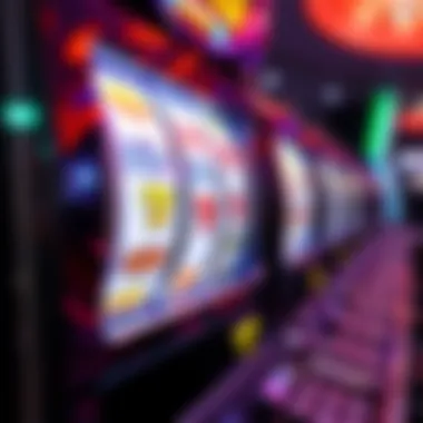 A close-up of the spinning reels of a slot machine with vibrant graphics