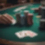 A detailed illustration of a poker table setup with chips and cards