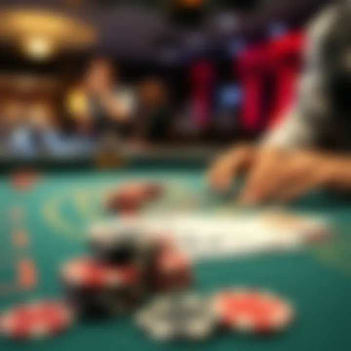 Close-up of a blackjack table with cards and chips