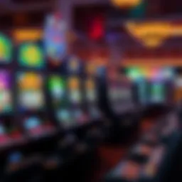 An array of vibrant slot machines in a casino setting
