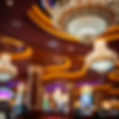 Architectural details of a luxurious casino lobby featuring grand chandeliers